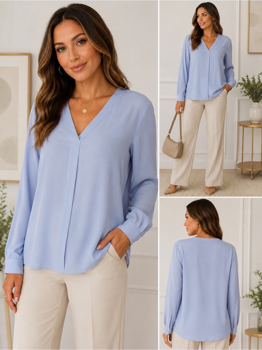 Banana Republic XXL Blue Crystal Pleated V-Neck Blouse Long Sleeve Relaxed Fit